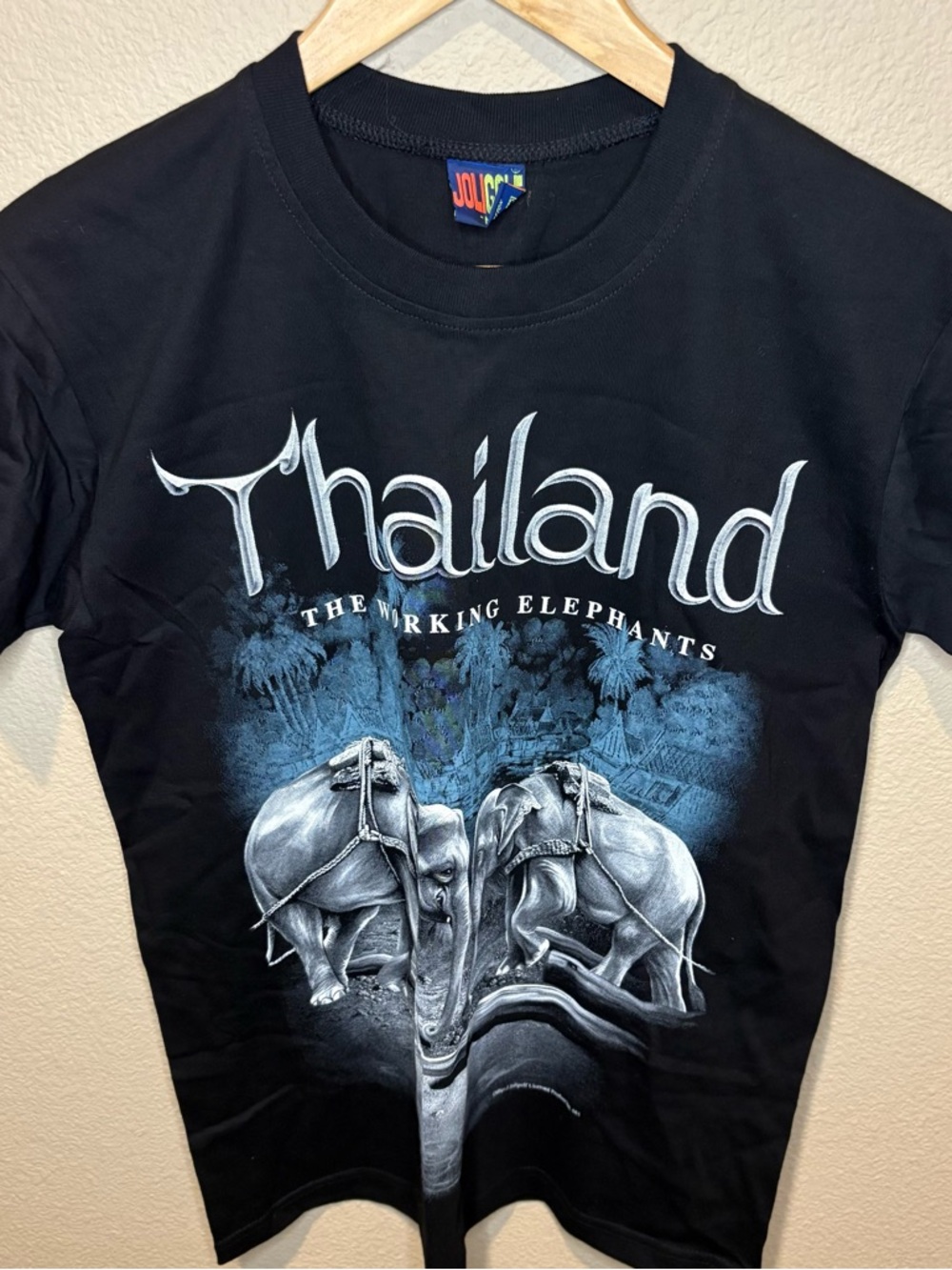 Vintage Thailand The Working Elephants Joligolf T-Shirt Black Men's Size Medium